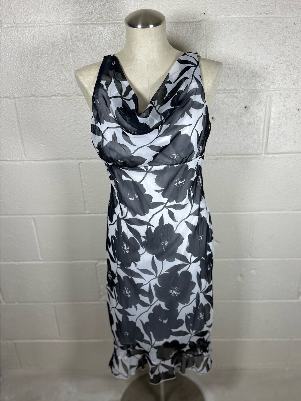 Vintage B. Smart Black & White Cowl Neck Summer Evening Dress Size 9/10